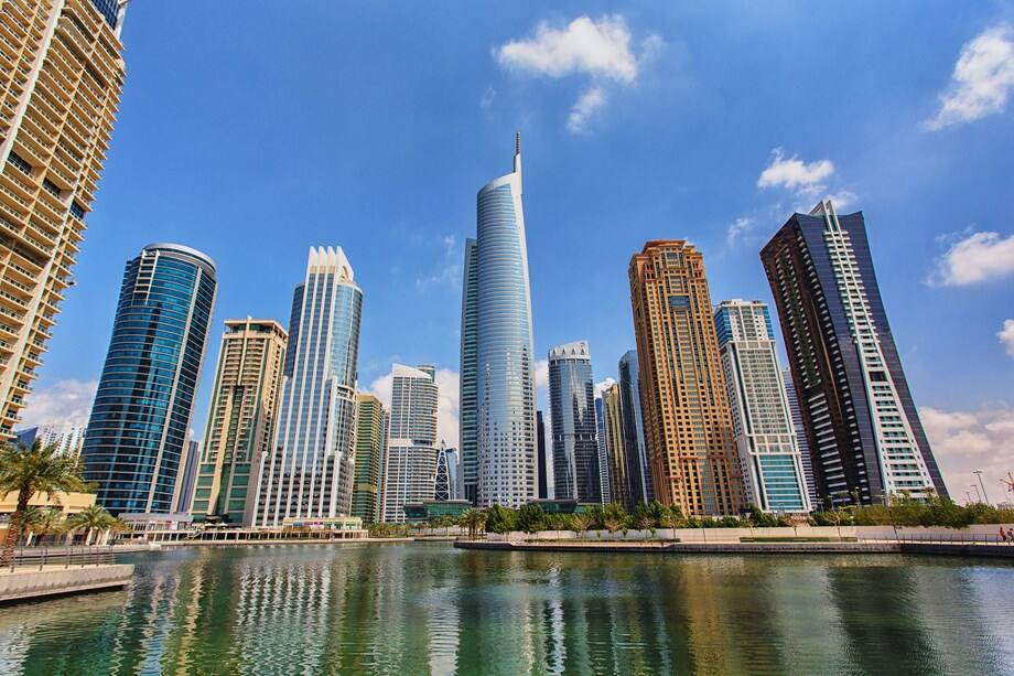 Jumeirah Lakes Towers (JLT) in Dubai consists of almost 100 towers around lakes and parkland.