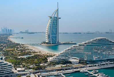 Aerial view showing Burj Al Arab and Jumeirah Beach Hotel