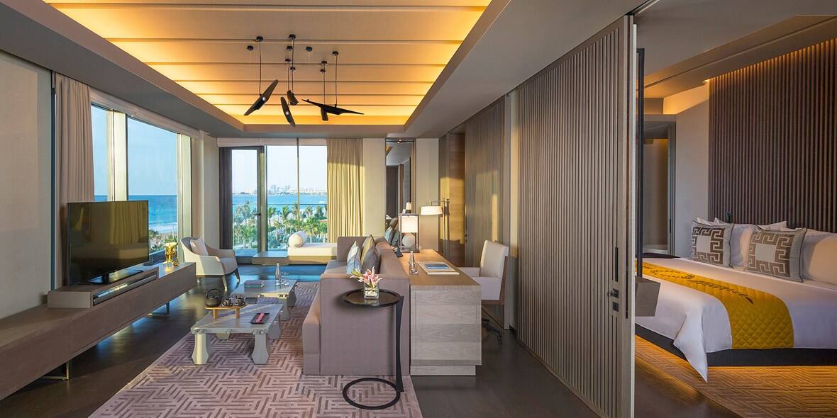caesars palace bluewaters dubai one bedroom ocean suite living room