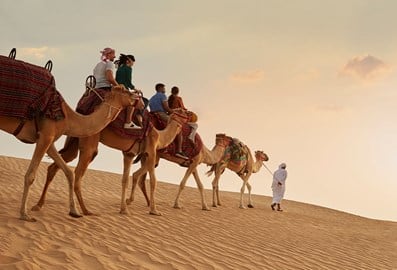 Tourists on a camel ride through the desert being led by a bedouin.