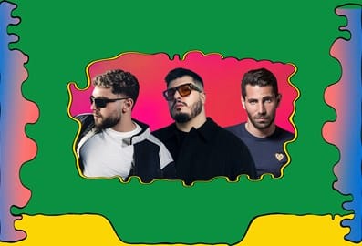 Group of three performers in a colourful promotional graphic