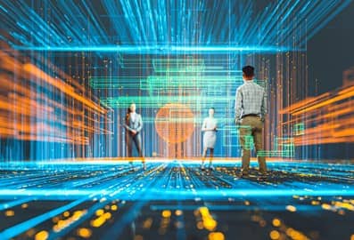 People exploring a futuristic digital environment representing innovation and emerging technology