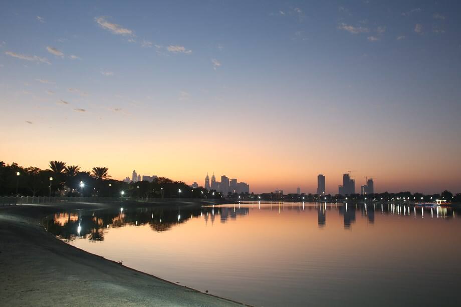 Al Barsha Pond Park at sunset.