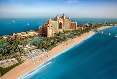 Daytime aerial view of Atlantis the Palm with both beach sides showing