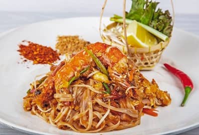Pad Thai noodles with prawns at Khun Chai Thai restaurant