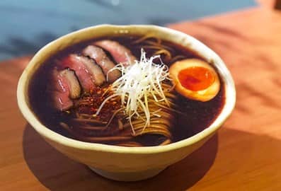 The signature duck ramen bowl at Kinoya restaurant