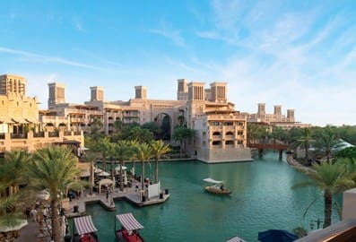 Traditional Arabian-style buildings overlooking the waterways at Madinat Jumeirah