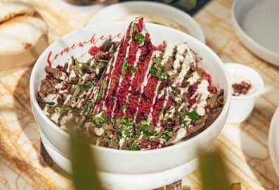 Signature shawarma and beetroot rice dish at Somewhere restaurant