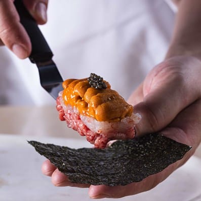 Beef and sea urchin temakizushi at Ken