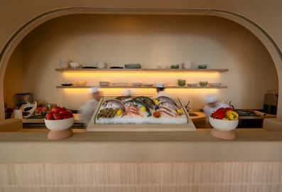 Fresh fish on ice counter at Son of a Fish restaurant
