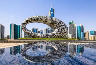 Exterior view of the Museum of the Future in Dubai with the city skyline in the background.