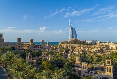 Aerial view of Madinat Jumeirah with Burj Al Arab in the background