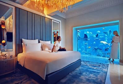 A young couple in a hotel room at Atlantis, The Palm looking at a big blue aquarium.