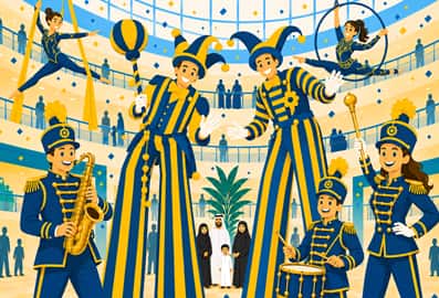 Group of performers in striped costumes at a summer celebration
