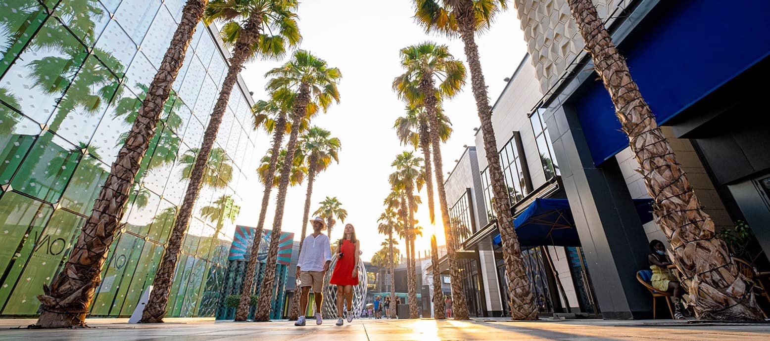 Palm-lined pedestrian street and shopfronts at City Walk